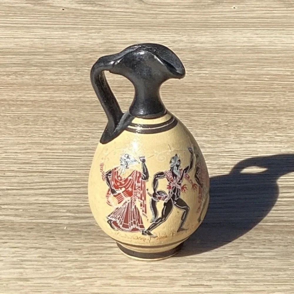 Vintage‎ Miniature Greek Style Pottery Vase Amphora Black Handle Red Figures